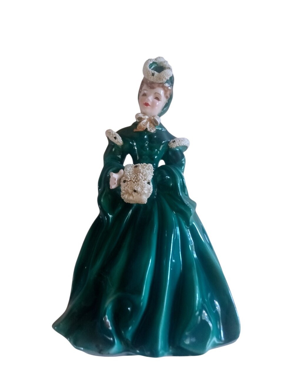 VTG Florence Ceramics Victorian Figurine Green Gown With Lace Accents